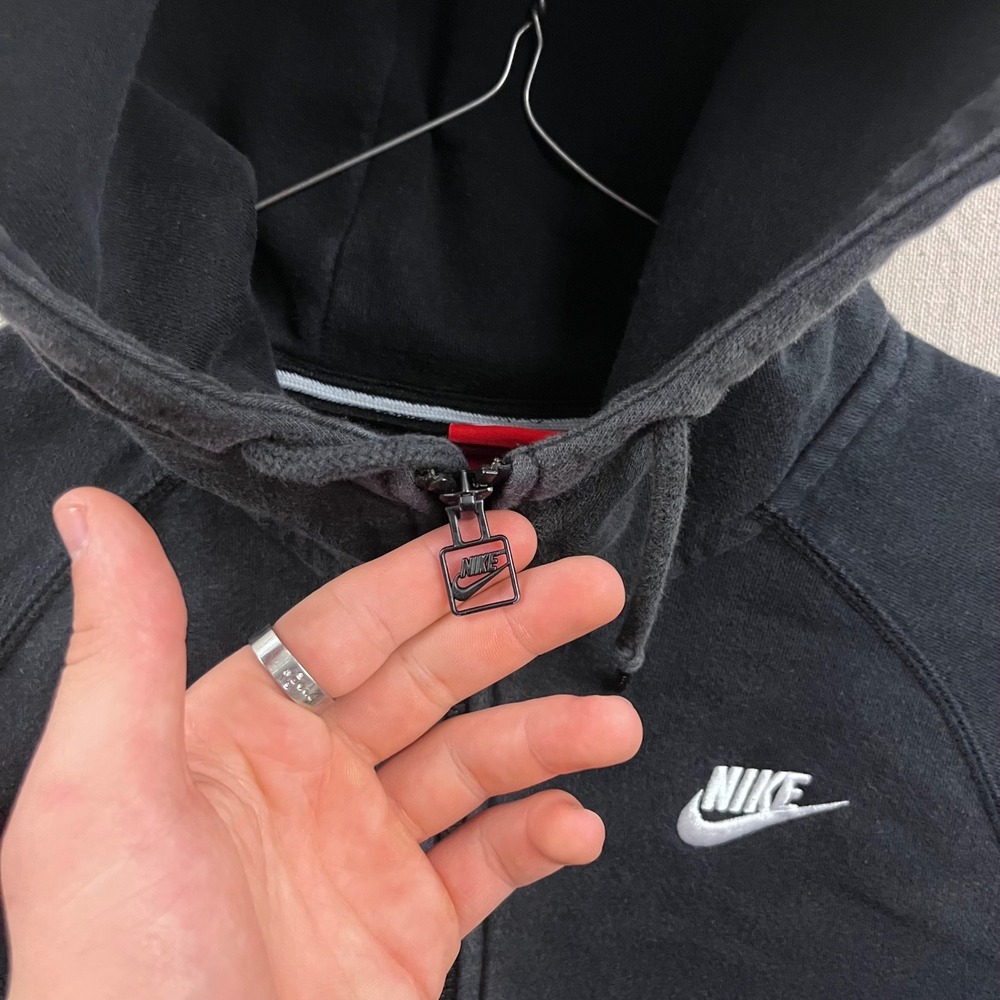 Nike Full Zip Hoodie Mens Medium Black Embroidered Logo Raglan Fleece Sweatshirt - Picture 2 of 7